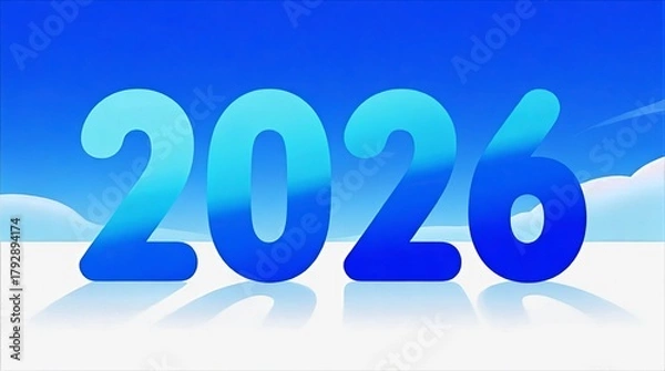 Fototapeta Large Gradient Blue 2026 Numerals Reflecting on Glossy Surface against Clear Sky with Soft Clouds, Minimalist Year Background
