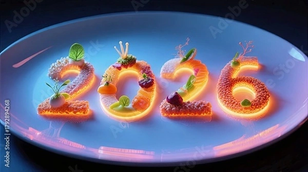 Fototapeta Glowing Blue Plate Arranged with Colorful Foods Forming 2026 Playful Edible Numerals, Culinary Typography Concept