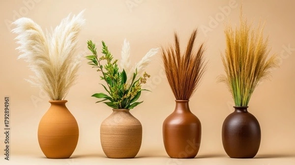 Fototapeta Three decorative vases with varied dried plant arrangements.