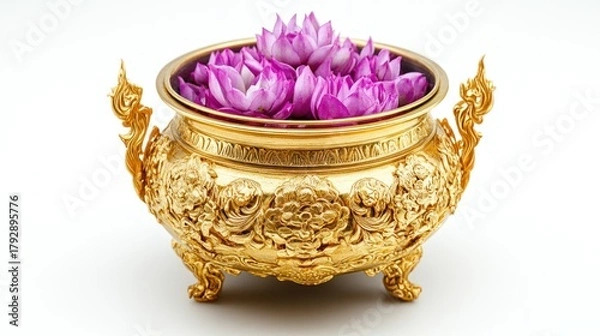 Obraz Ornate golden container with purple lotus blossoms.