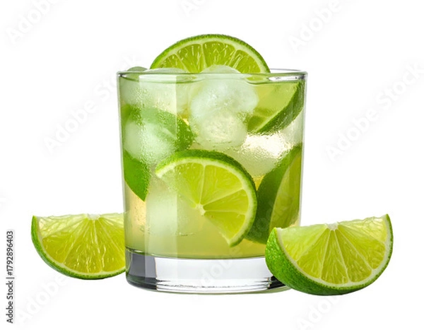 Fototapeta Refreshing citrus drink with ice and lime slices on black