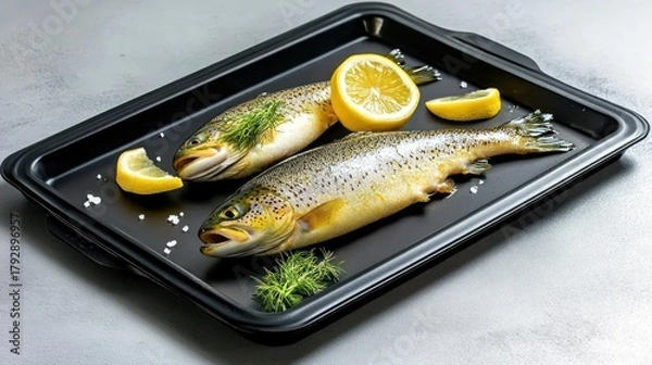 Fototapeta Two whole trout on a baking sheet with lemon slices and dill.