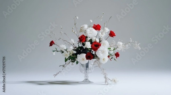 Obraz A floral arrangement of red and white roses in a glass vase.