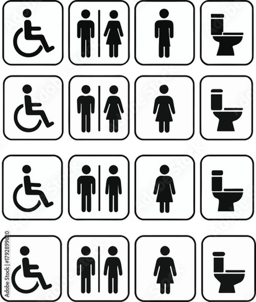 Obraz Toilet and WC Icons Set — Clean Monochrome Restroom Symbol Vector Design