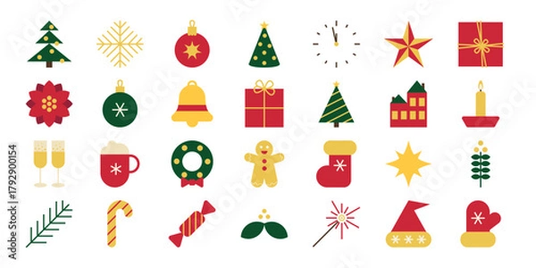 Fototapeta Set of flat-style icons Christmas tree, gift,  winter decoration ornament  for festive design projects. Xmas abstract icons in minimalist geometric style
