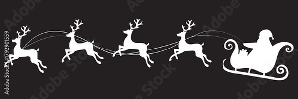 Fototapeta Silhouette of Santa Claus riding sleigh with reindeer. Black silhouette of Santa Claus flying in a sleigh pulled by reindeer, symbolizing Christmas night and holiday traditions. .eps10