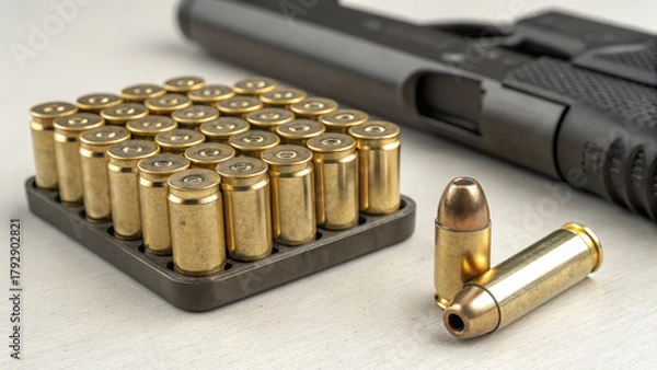 Fototapeta Collection of brass ammunition rounds for pistol, showcasing their shiny surfaces and detailed craftsmanship, alongside firearm, evoking sense of precision and readiness
