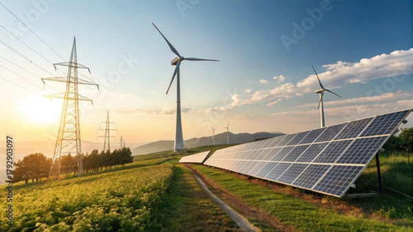 Fototapeta Beautiful landscape showcasing clean and renewable energy sources, featuring wind turbines and solar panels under vibrant sunset. scene highlights harmony between nature and technology