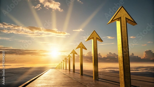 Fototapeta Golden arrows symbolize ambition and progress, pointing towards bright future under radiant sunrise. scene evokes feelings of hope and determination