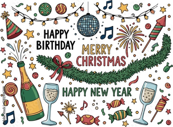 Fototapeta WebCreate Colorful Doodle party. Birthday invitation, Merry Christmas and New Year festive carnival elements with disco ball, garland and champagne bottle and glass, hat and firework, candy on white 