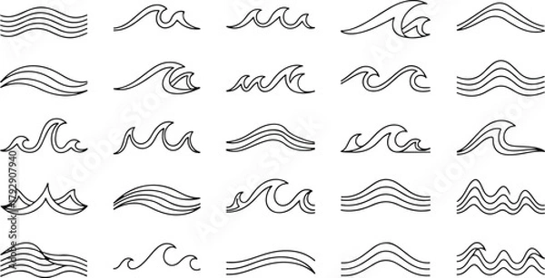 Fototapeta Collection of stylized wave illustrations, showcasing various forms and linear designs in black and white.