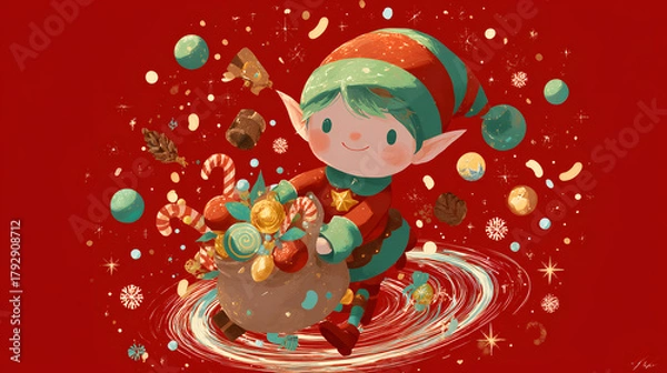 Fototapeta Cute Cartoon Christmas Elf Carrying Sack Full of Candy and Gifts on Festive Red Background with Snowflakes