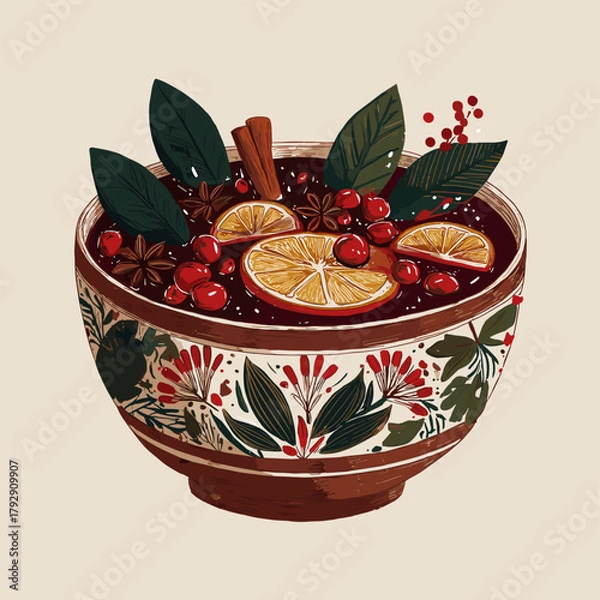 Fototapeta Vector illustration of a bowl of christmas punch