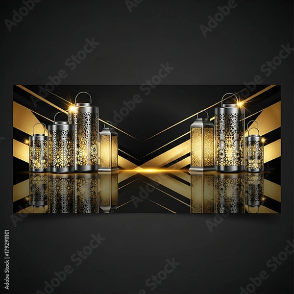 Fototapeta Eid Mubarak Greetings Banner with Golden Ornate Lanterns and Abstract Geometric Patterns for Festive Celebration and Cultural Designs with Reflection