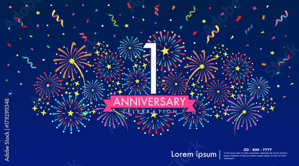 Obraz 1st year anniversary celebration emblem. anniversary logo isolated with colorful stars and fireworks twinkle, sparkle and ribbon. vector illustration template design for web	
