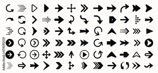 Fototapeta Directional arrow icons in various styles and orientations. Arrow direction sign vector collection. Straight, curved, circular, and dashed arrows, Cursors for UI UX design Play, right, swipe button
