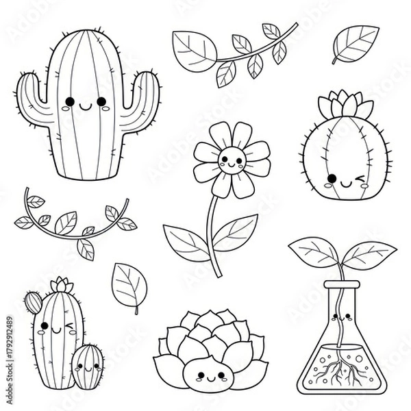 Fototapeta Black and white cartoon illustrations of various plants and cacti elements