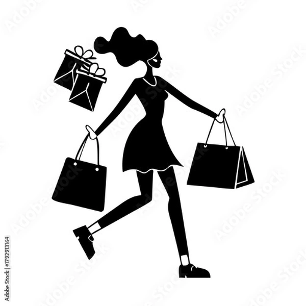 Obraz A stylish woman silhouette carrying shopping bags, celebrating Black Friday discounts with joy