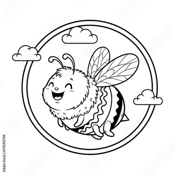 Fototapeta Cartoon bee flying in a circle with clouds isolated design element