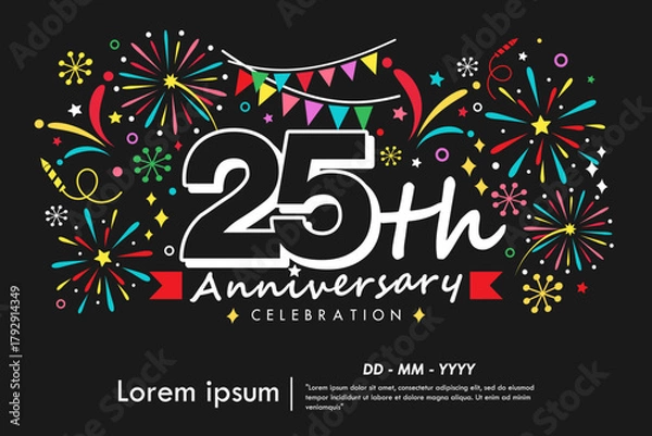 Obraz 25th years anniversary celebration emblem with colorful fireworks, stars, bunting flag and ribbon on black background. vector illustration template design for web banner