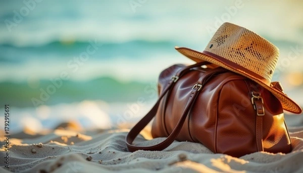 Fototapeta Beachside adventure brown leather duffel bag and straw hat sandy shore travel lifestyle relaxing atmosphere
