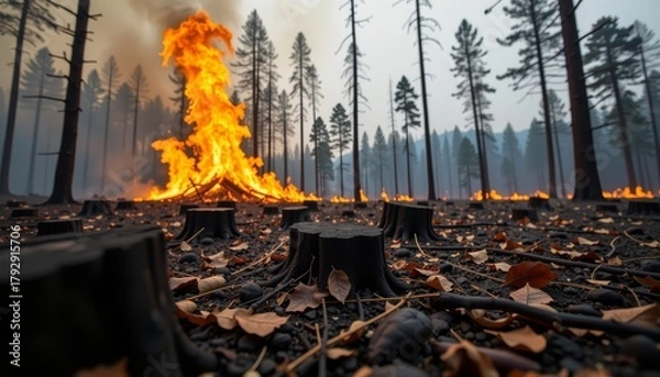 Fototapeta Intense forest fire engulfs landscape destructive blaze in wilderness dramatic scene captured