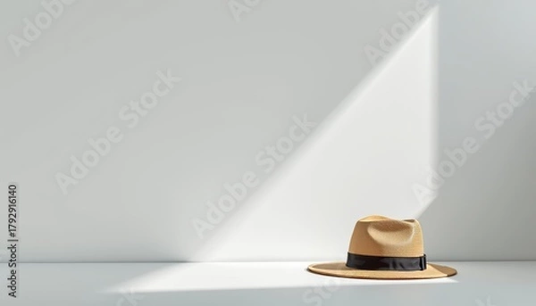 Fototapeta Elegant tan straw fedora hat on minimalist surface lifestyle photography modern design soft lighting stylish concept