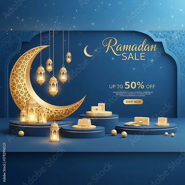 Fototapeta Ramadan Sale Up to 50% Off Design Featuring Crescent Moon, Lanterns, and Product Display on Blue Podium with Starry Backdrop