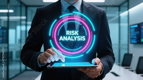 Fototapeta A businessman uusing a tablet with glowing risk analysis hologram showing cyber physical security and iot risk management concept, cyber physical systems