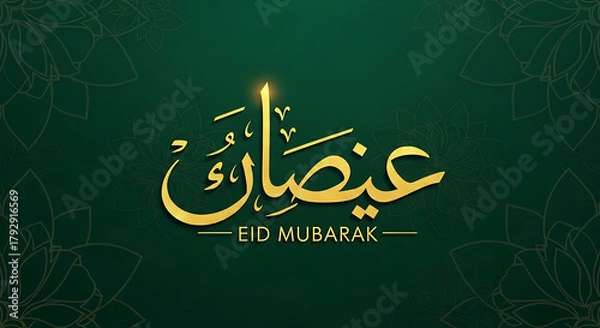 Fototapeta Green Eid Mubarak Design with Golden Calligraphy and Floral Pattern a Festive Islamic Greeting Card Design