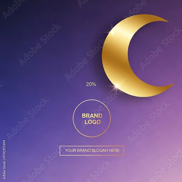 Fototapeta Luxury ramadan kareem graphic template for marketing advertisement design with golden crescent moon brand logo and slogan on purple gradient backdrop