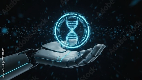 Obraz A robotic hand holding a glowing dna hologram showing futuristic medical innovation, medical robotics and cyber physical healthcare concept, cyber physical systems