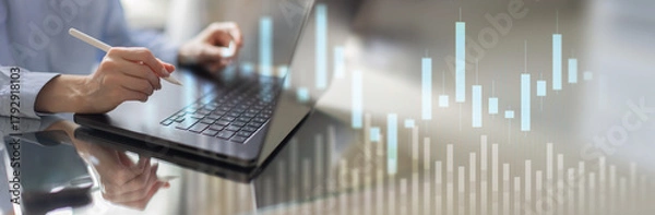 Fototapeta Financial Market Trading and Data Analysis on a Wide Banner, Business and Technology Concept.