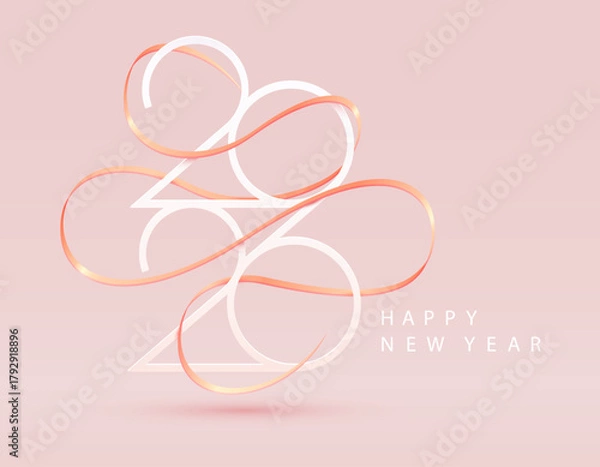 Fototapeta Happy New Years 2026. Greeting card with date and golden ribbon on beige background. Festive numbering design.
