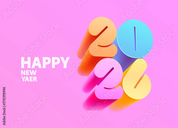 Fototapeta Happy New Year 2026 greeting poster design. Multicolor 3D numbers on pink background.
