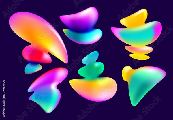 Fototapeta Set of iridescent fluid shapes and bubbles. Collection of colorful vector design elements.