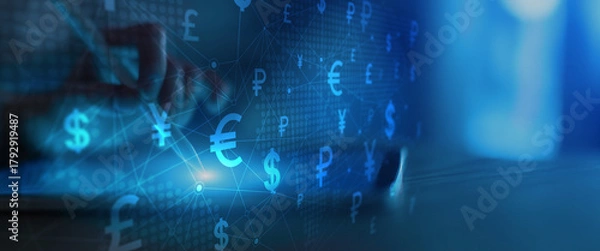 Fototapeta Global Currency Symbols Network Interface on Digital Tablet in Financial Technology Environment.