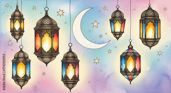 Fototapeta Enchanting Ramadan Lanterns Watercolor Illustration with Crescent Moon and Stars, Perfect for Festive Islamic Celebration Backgrounds and Decorations