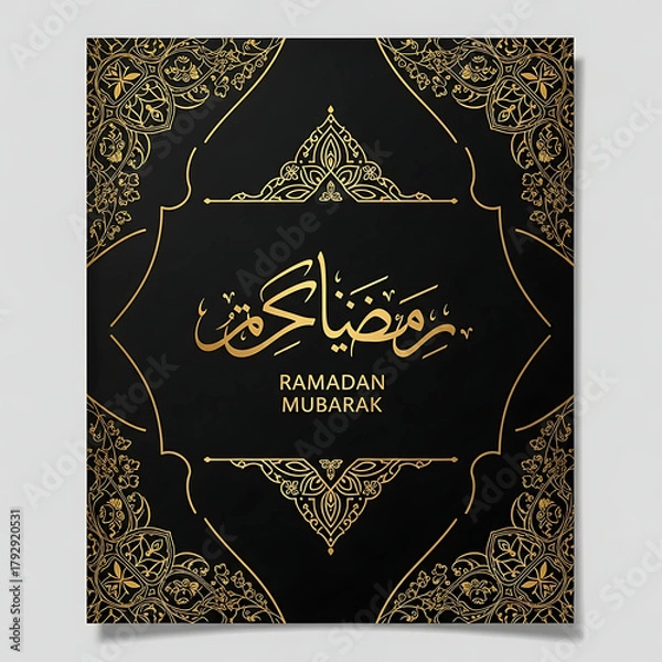 Obraz Ramadan Mubarak Gold Calligraphy Black Background Islamic Art Greeting Card Festive Decorative Elegant Design Graphic Resource