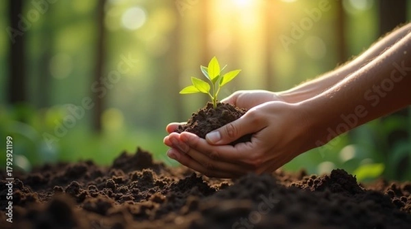 Fototapeta A close-up of hands holding a small green seedling with soil, set against a sunlit, blurred green forest background, symbolizing growth and environmental care.