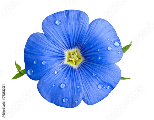 Fototapeta Vivid blue flax flower with dew drops on petals