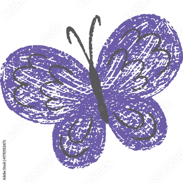 Fototapeta Charming purple butterfly illustration with crayon texture and dark gray outline on a clean white background