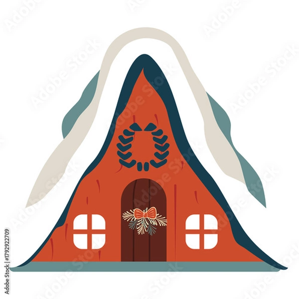 Fototapeta Charming Red Gable Roof House Decorated With Festive Wreath And Covered In Soft Snow During Winter Season With White Windows And Dark Wooden Door