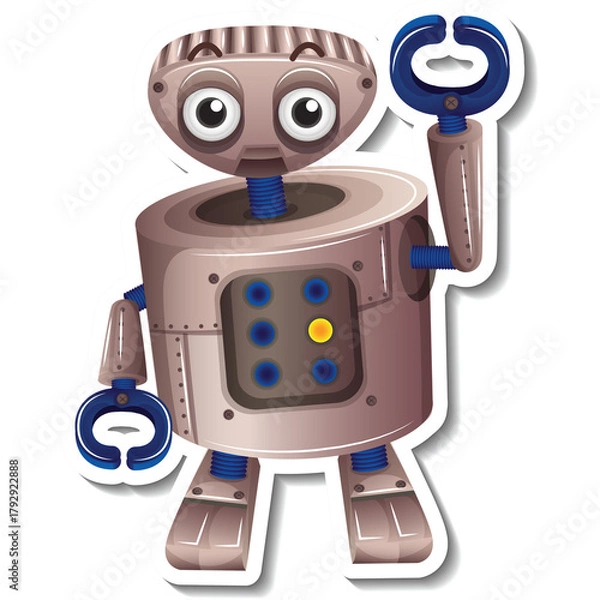 Fototapeta Charming Robotic Character With Expressive Eyes and Metallic Body Standing With One Arm Raised In A Friendly Pose Against A Transparent Background
