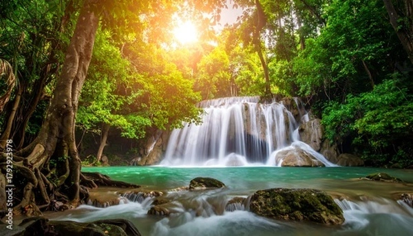 Fototapeta Lush forest cascade with turquoise pool, sunlight filtering through canopy. Calming and tranquil