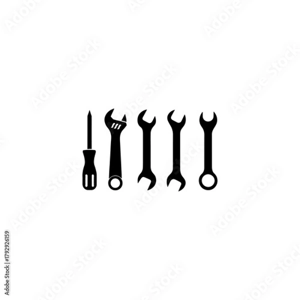 Obraz Construction tools. Adjustable wrench, pliers, hammer vector silhouette. Paint brush for painting walls. 