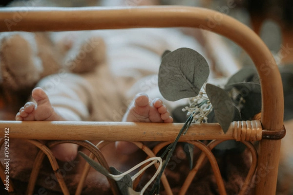 Fototapeta Les petits pieds d'un bébé nouveau-né pendant une séance photo en studio en intérieur
