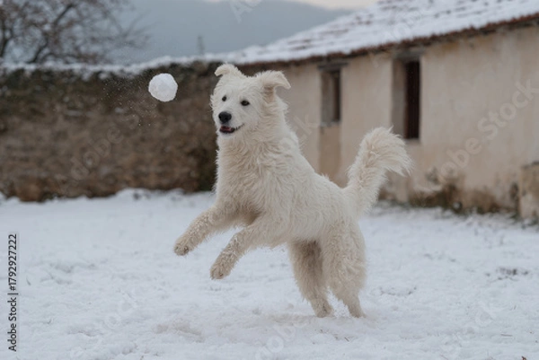 Obraz playful dog joyfully tosses snowballs in snowcovered yard next to cozy home