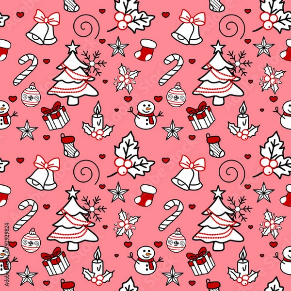 Fototapeta Cute seamless Christmas vector pattern illustration set with cartoon snowman and holiday trees decoration. decorations, balls, snowflakes.Xmas wallpapers, design for printing,Gift wrapping paper,card.