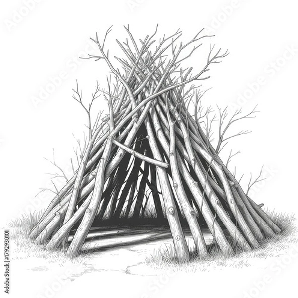 Fototapeta Simple lean-to shelter made of sticks and thatch.